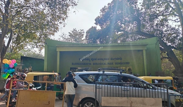 The bustling entry gate of Bannerghatta National Park on a sunny day, showcasing excellent road connectivity and transport options for residents of Godrej Castillo.
