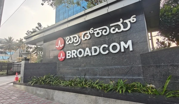 Entrance signage of the Broadcom corporate office in Bengaluru, showcasing the premium IT hub connectivity and major employment centers located near Godrej Castillo