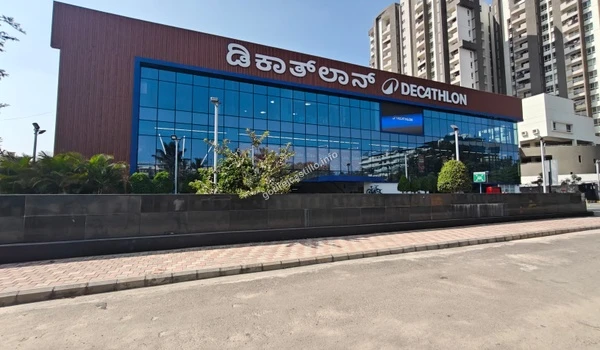 Front view of the Decathlon sporting goods outlet situated conveniently close to the residential community of Godrej Castillo