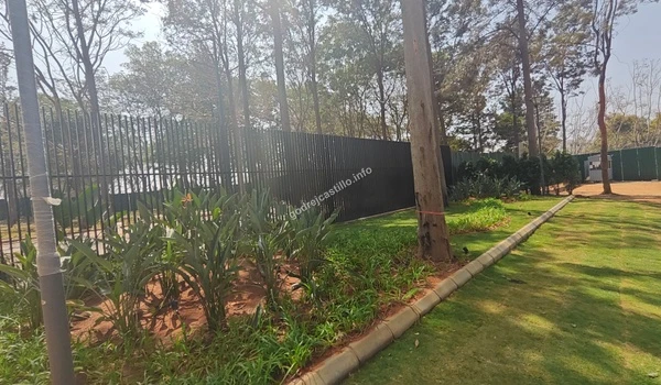 Beautifully manicured lawn and ornamental plants decorating the side of the paved entrance road at Godrej Castillo