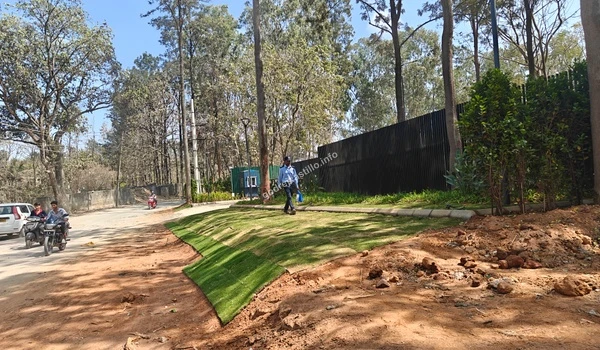 Beautifully manicured lawns and ornamental plants along the entrance boundary of Godrej Castillo providing a refreshing green welcome