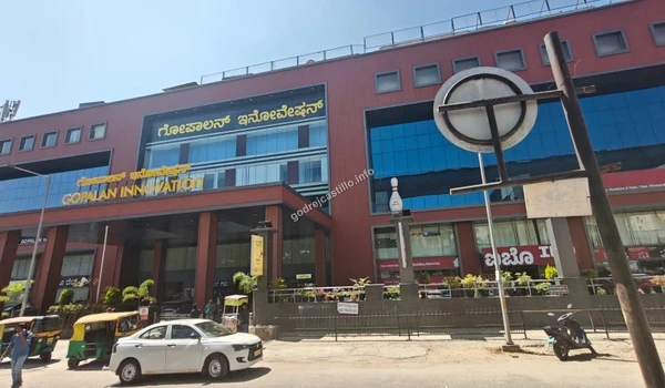 Street view of the Gopalan Innovation Mall highlighting the Go Bowl pin sculpture and bustling city activity, conveniently close to Godrej Castillo