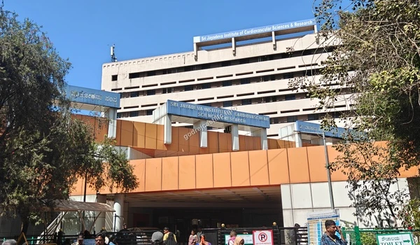 Exterior perspective of the renowned Sri Jayadeva cardiovascular hospital located a short drive from Godrej Castillo.