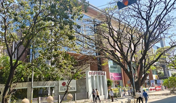 Beautiful street view showcasing the lush trees lining the road in front of the Mantri Elegance retail and commercial complex near Godrej Castillo