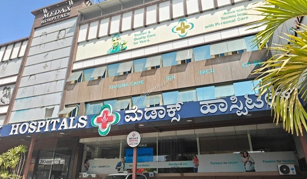 Front view of Medax Hospitals building showcasing trusted quality care near Godrej Castillo.