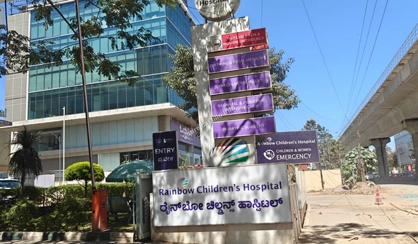 Gate and directory sign at Rainbow Children's Hospital providing 24/7 emergency services close to Godrej Castillo.