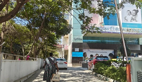 Pedestrian view of the entrance pathway leading into Rainbow Children's Hospital near the Godrej Castillo project.