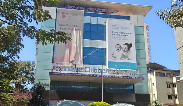 Front facade of Rainbow Children's Hospital showcasing BirthRight safe delivery services near Godrej Castillo.