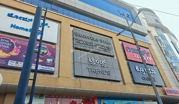 Multistory commercial shopping mall featuring major national brands like Shoppers Stop, Trends, and Croma located near Godrej Castillo